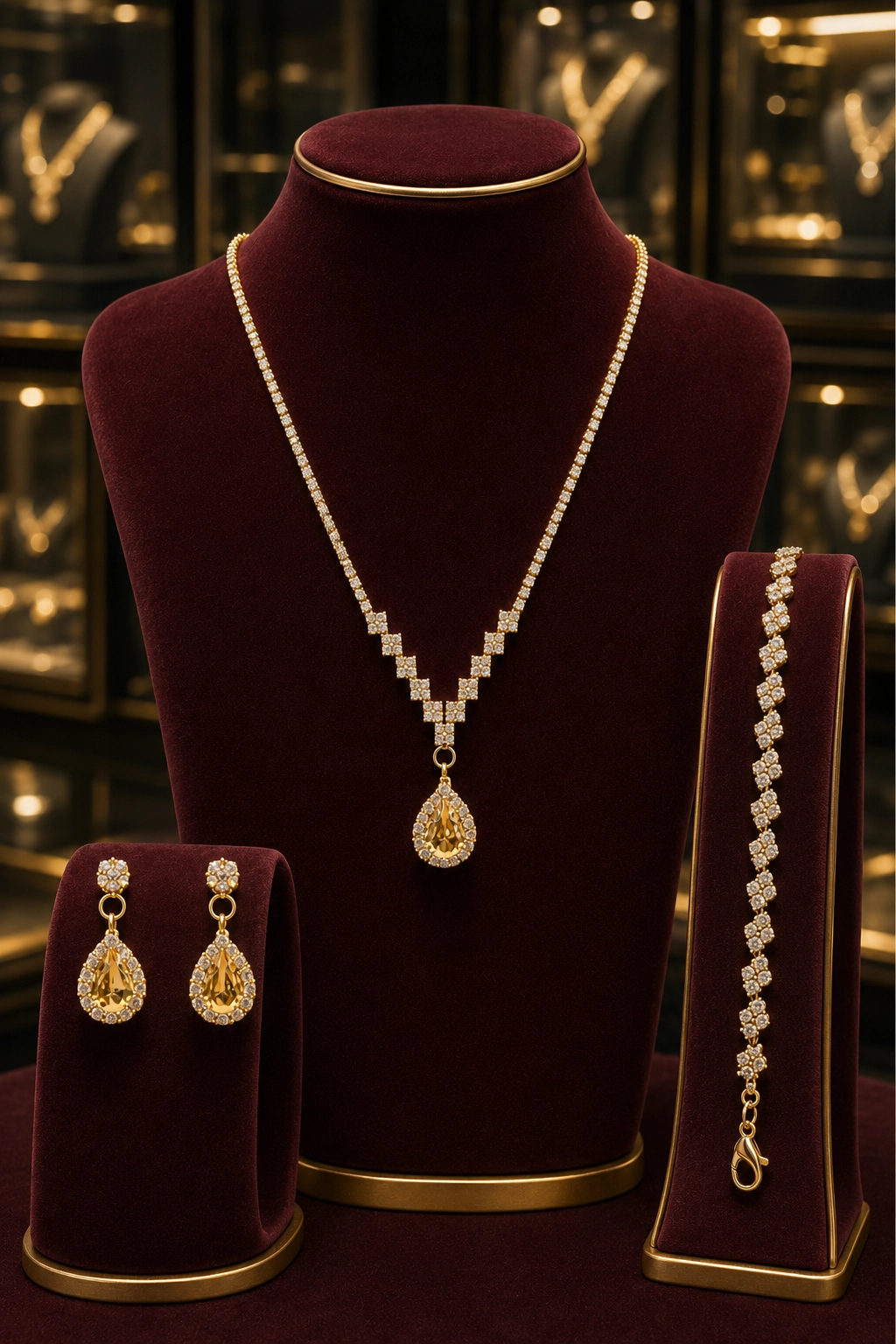 Gold 3’lü Set Su Yolu Zirkon Taşlı Kolye Küpe ve Bileklik Seti Gelin Takı Seti Nişan Seti Parti Davet Seti