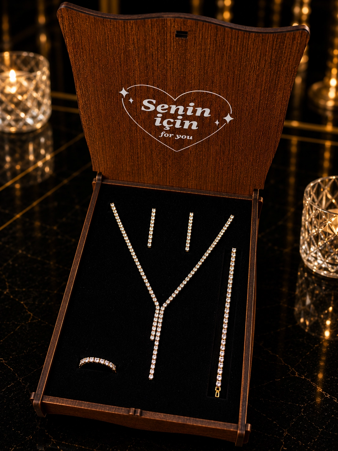 Gold Carol Zirkon Taşlı 4’lü Takı Seti Kolye Küpe Bileklik Yüzük Düğün Abiye Davet Set Hediye Set