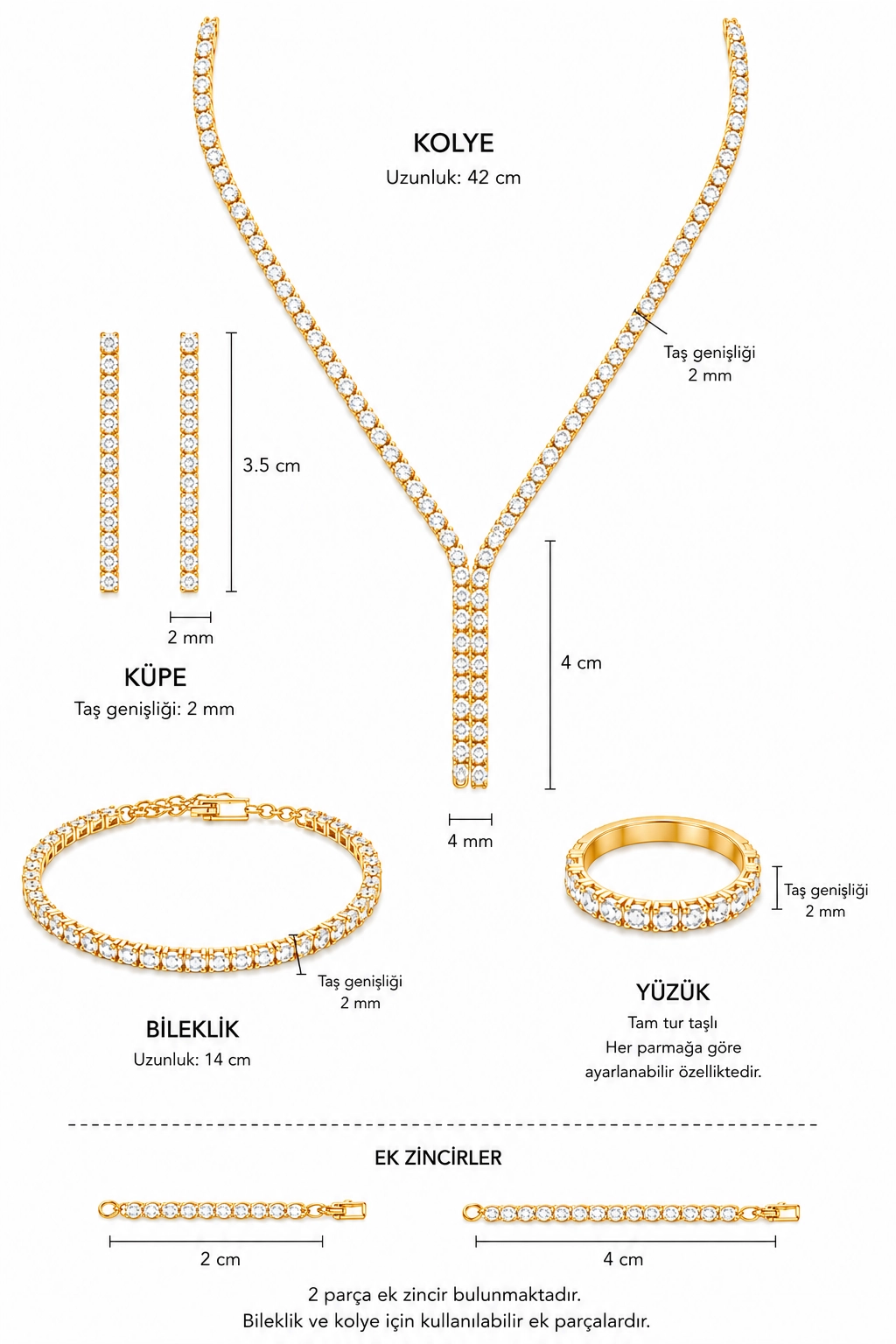 Gold Carol Zirkon Taşlı 4’lü Takı Seti Kolye Küpe Bileklik Yüzük Düğün Abiye Davet Set Hediye Set