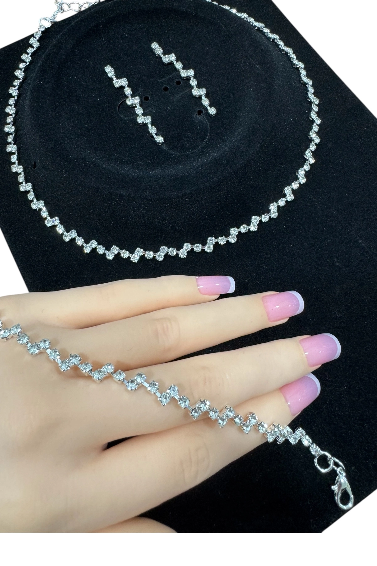 Gümüş Renk Zigzag Ajda Model 3’lü Set Su Yolu Kolye Küpe Bileklik Seti