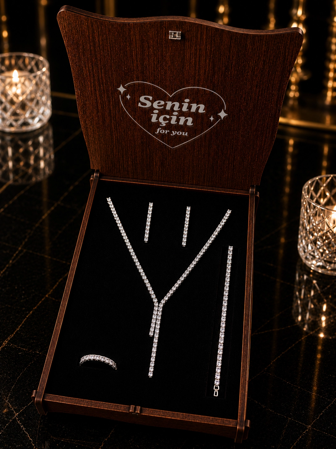 Silver Carol Zirkon Taşlı 4’lü Takı Seti Kolye Küpe Bileklik Yüzük Düğün Abiye Davet Set Hediye Set