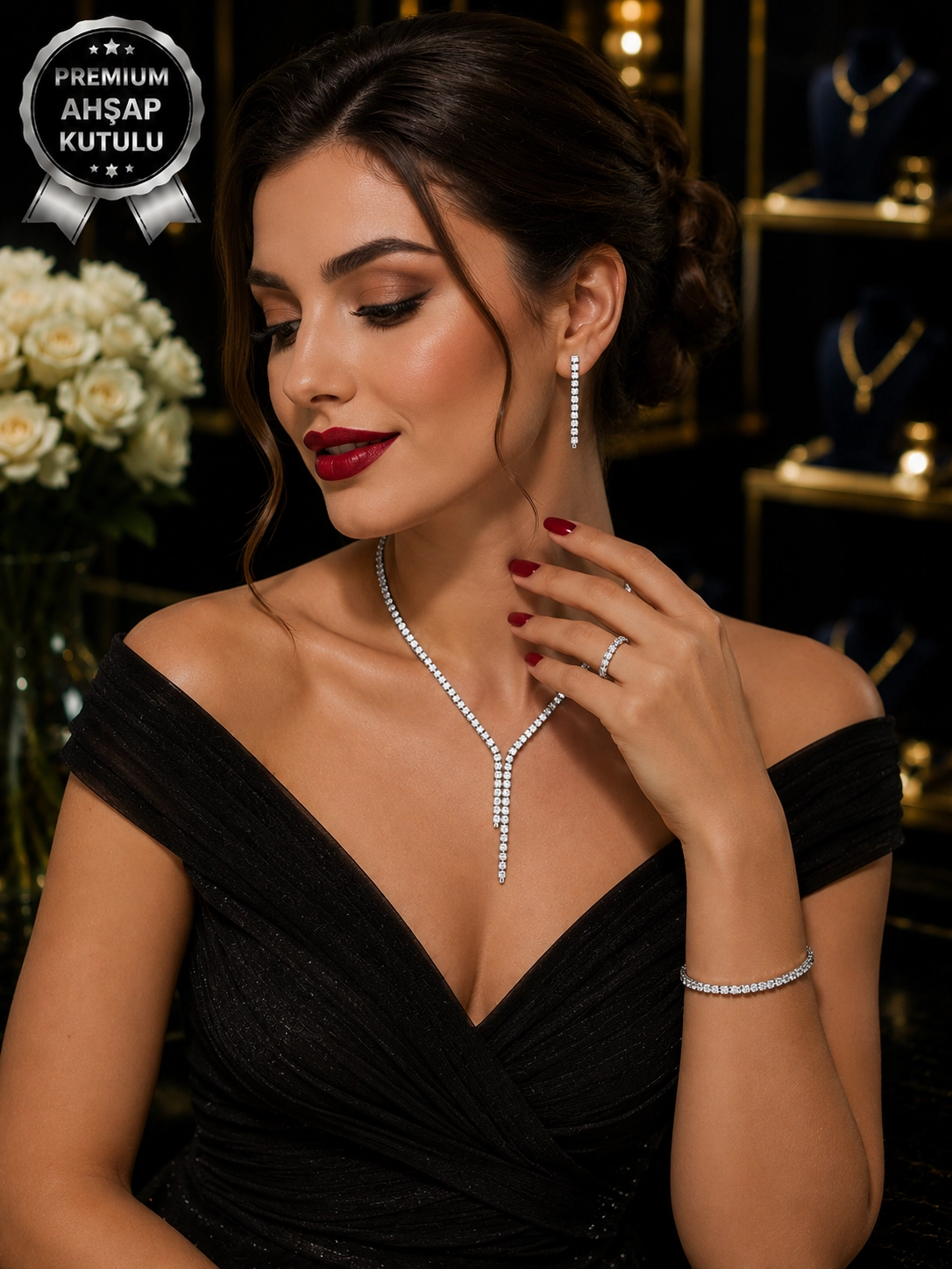Silver Carol Zirkon Taşlı 4’lü Takı Seti Kolye Küpe Bileklik Yüzük Düğün Abiye Davet Set Hediye Set