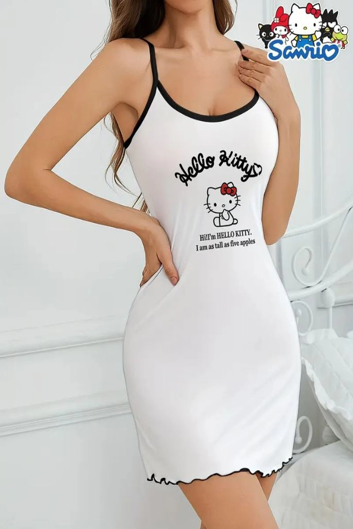 Hello Kitty Askılı Beyaz Gece Elbisesi - Yumuşacık Gecelik