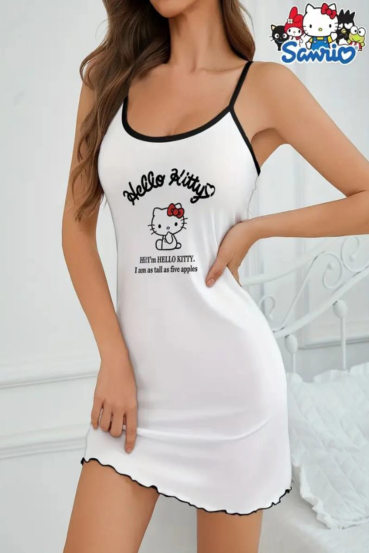 Hello Kitty Askılı Beyaz Gece Elbisesi - Yumuşacık Gecelik