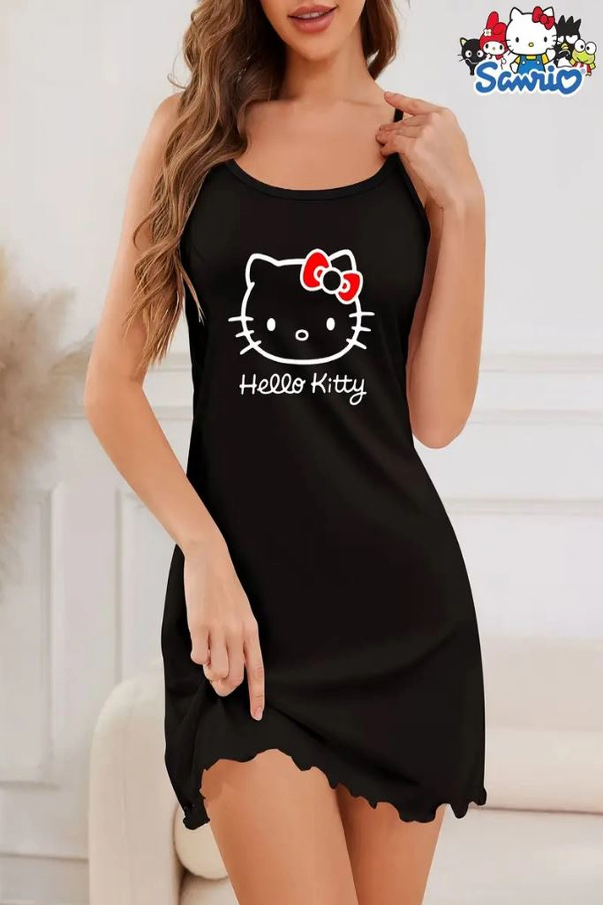 Hello Kitty Baskılı Askılı Siyah Gece Elbisesi - Yumuşacık Gecelik