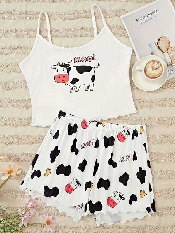 İnek Moo Desenli Askılı Şortlu Pijama Takımı