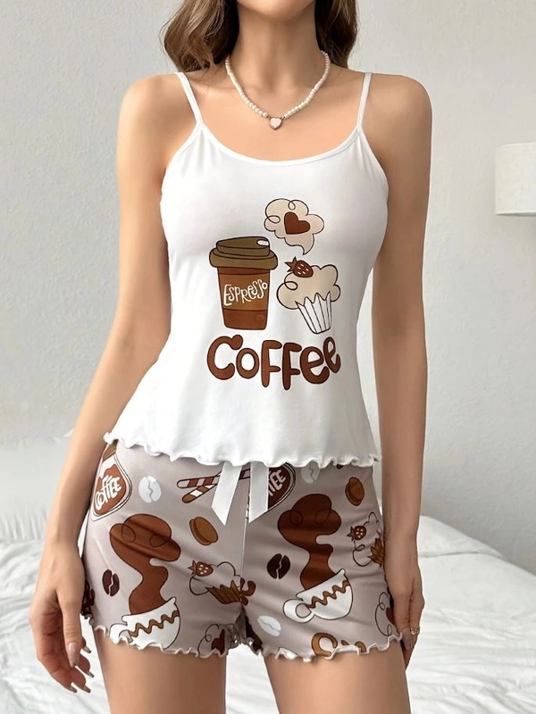 Kahve Espresso Desenli Askılı Şortlu Pijama Takımı