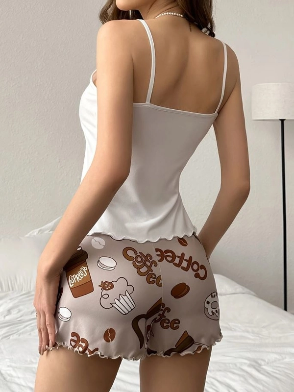 Kahve Espresso Desenli Askılı Şortlu Pijama Takımı