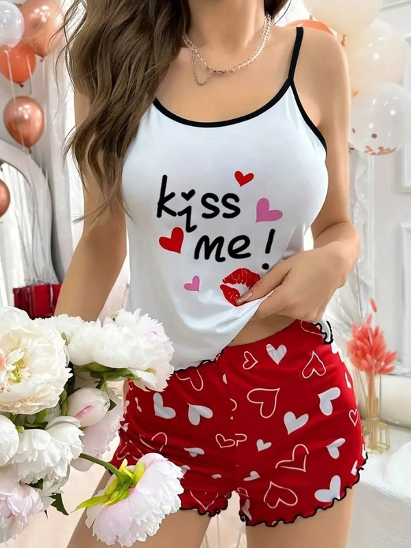 Kiss Me Dudak Desenli Askılı Şortlu Pijama Takımı