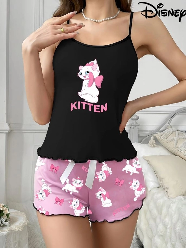 Kitten Baskılı Askılı Şortlu Pijama Takımı