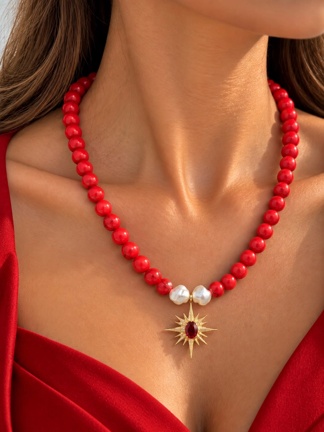 Kadın El Yapımı Doğal Mercan Taşı ve İnci Kolye Çelik Kuzey Yıldızı Uçlu Özel Tasarım