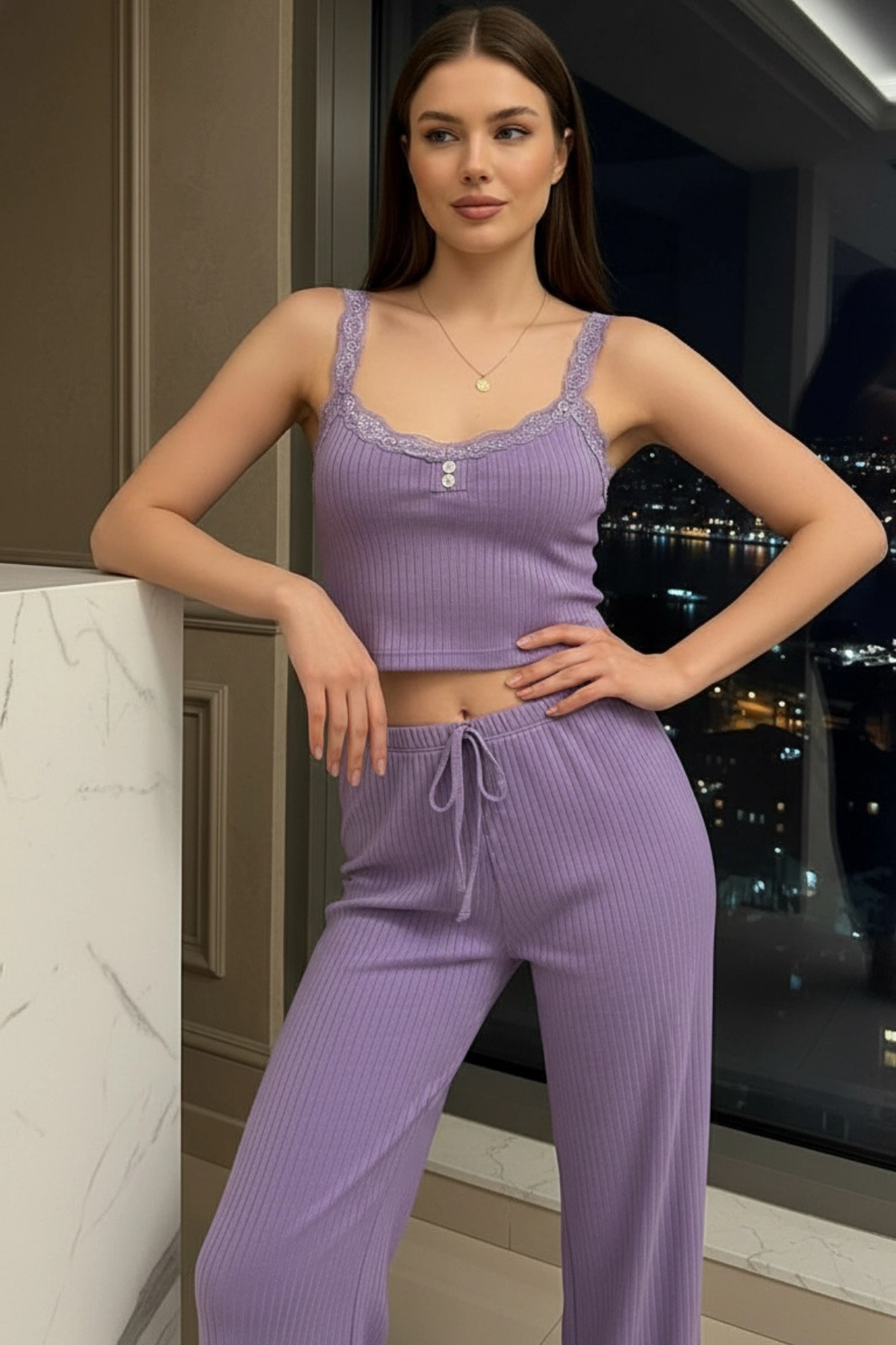 Dantelli Pamuklu Kaşkorse Crop ve Pantolon Takımı Premium Pijama Takımı