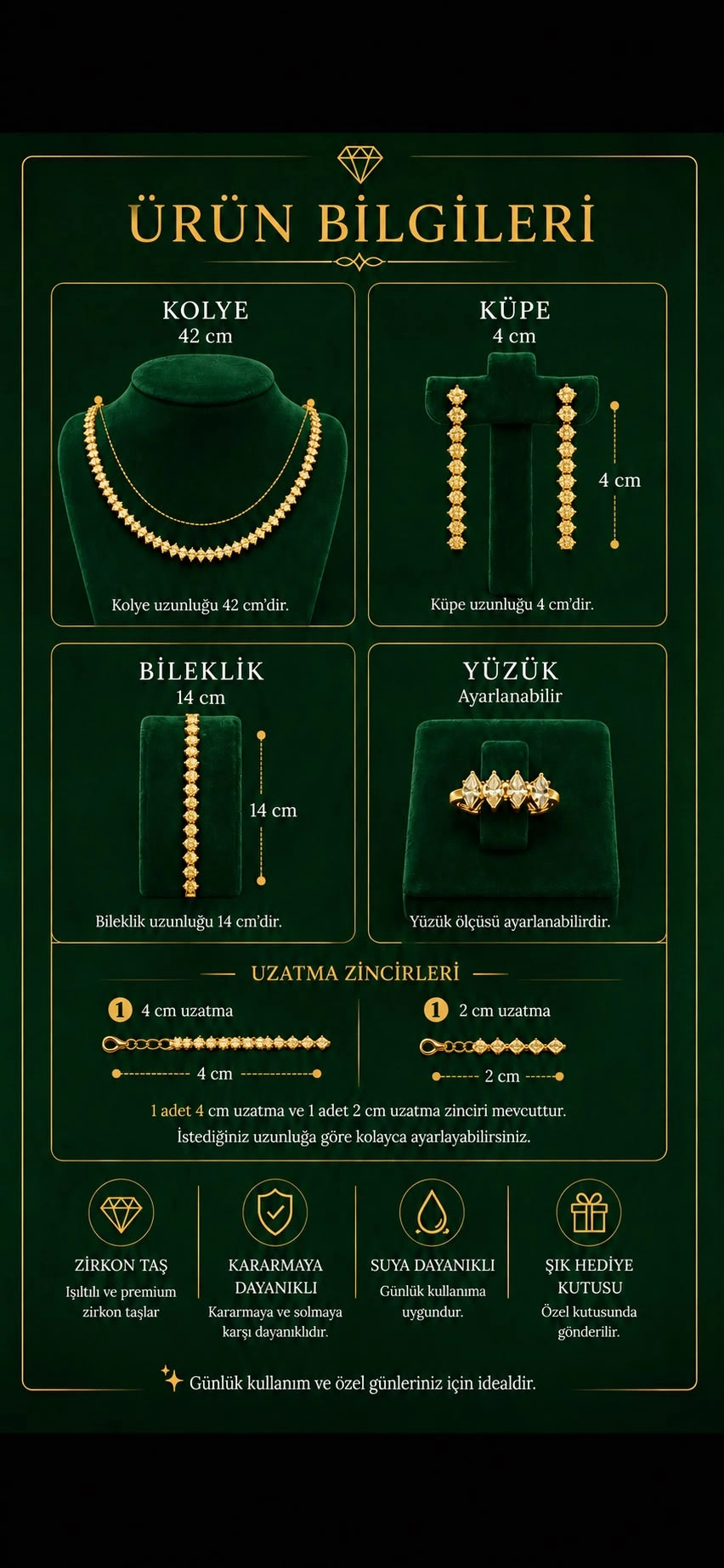 Premium Zirkon Taşlı Gold Takı Seti | Kolye Küpe Bileklik Yüzük | Kararmaya Dayanıklı | Ayarlanabilir Yüzük | Hediye Kutulu