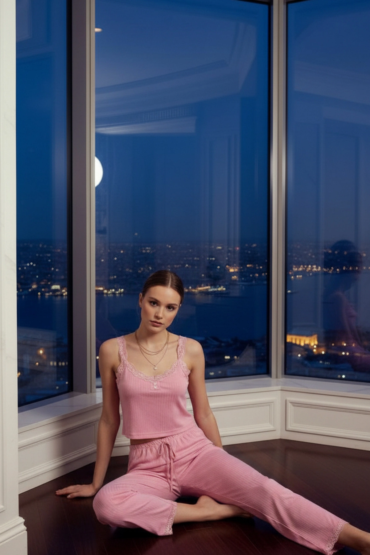Dantelli Pamuklu Kaşkorse Crop ve Pantolon Takımı Premium Pijama Takımı