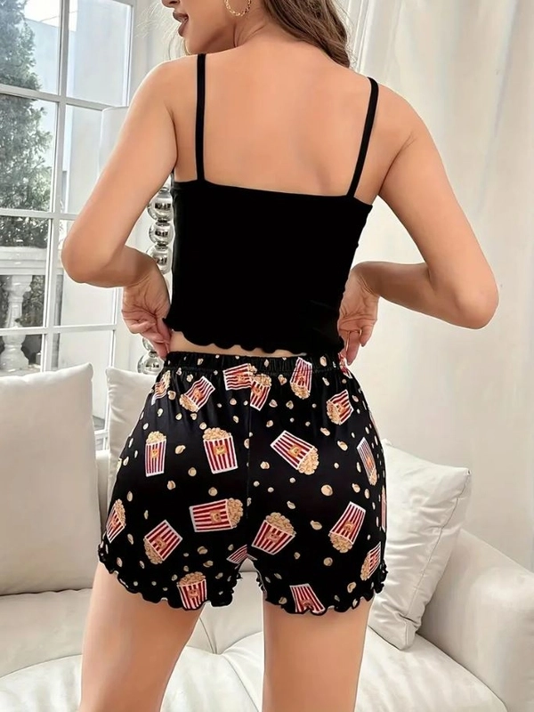 Pop Corn Baskılı Askılı Şortlu Pijama Takımı