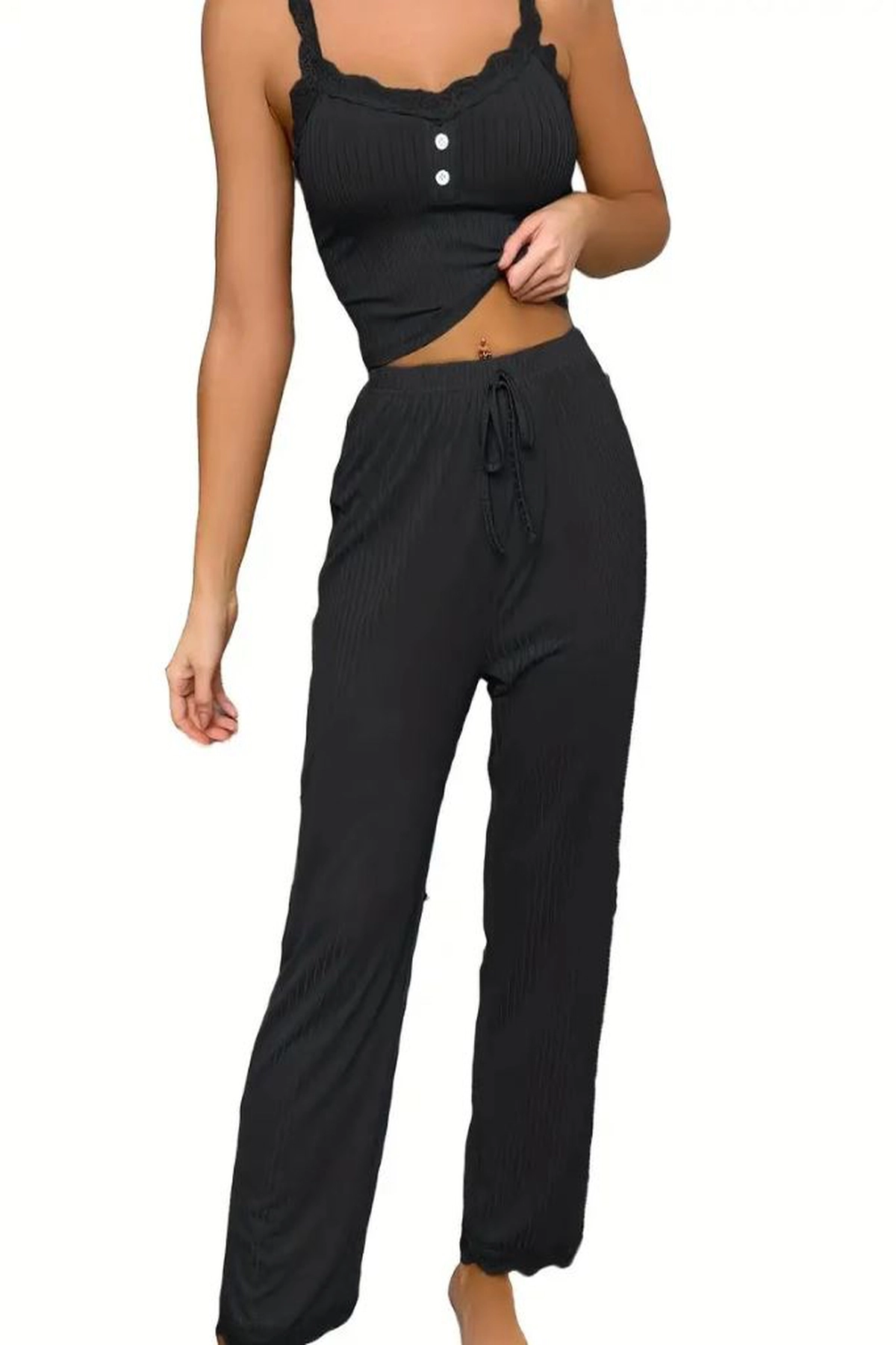 Dantelli Pamuklu Kaşkorse Crop ve Pantolon Takımı Premium Pijama Takımı