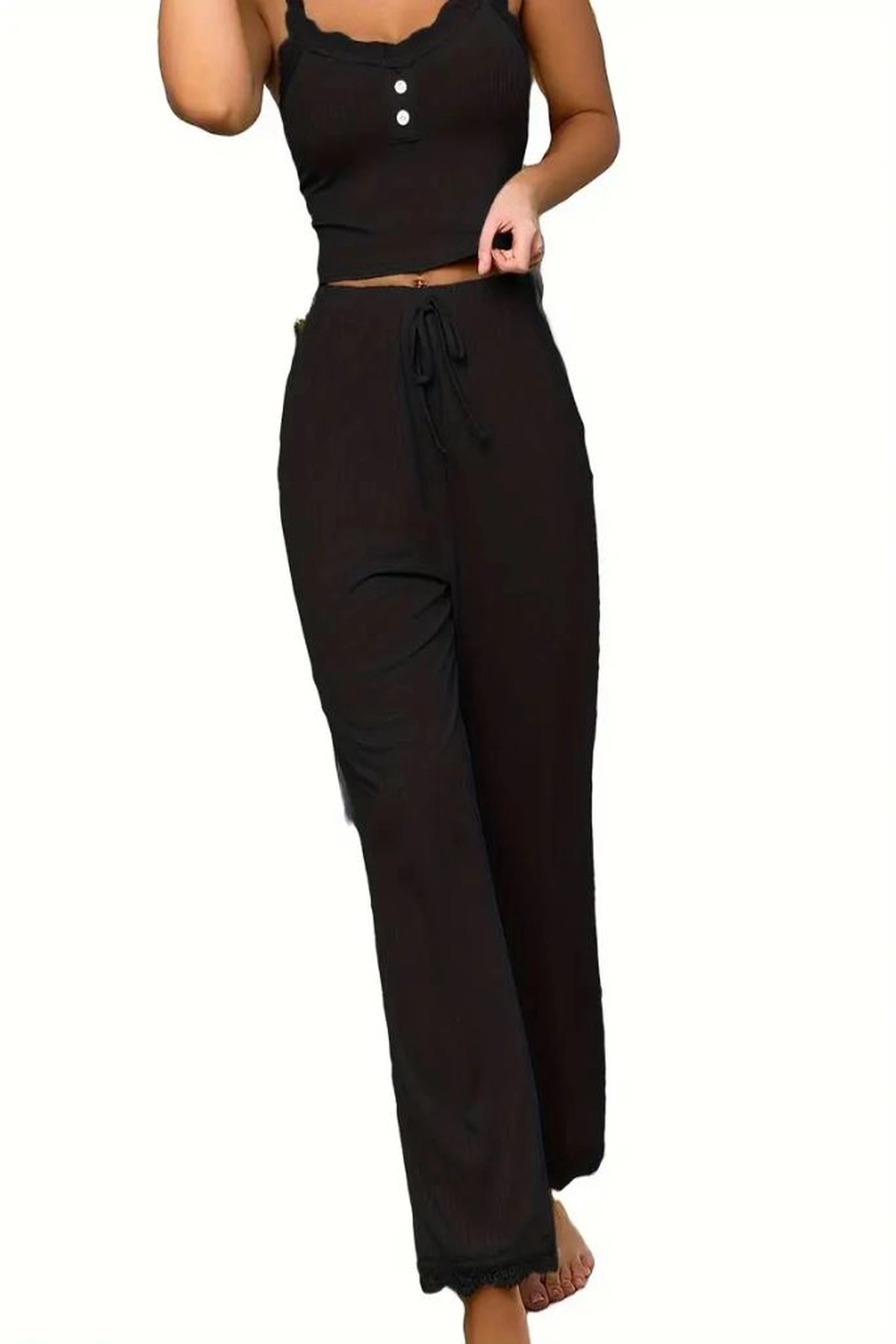 Dantelli Pamuklu Kaşkorse Crop ve Pantolon Takımı Premium Pijama Takımı