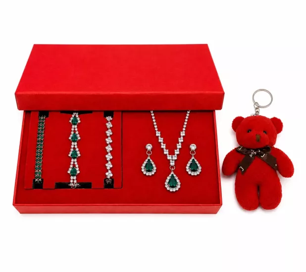 takı set zirkon hediye ayıcık kutu kırmızı kutu