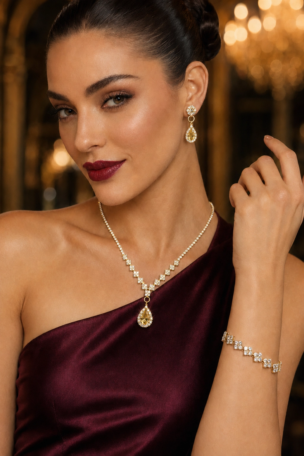 Gold 3’lü Set Su Yolu Zirkon Taşlı Kolye Küpe ve Bileklik Seti Gelin Takı Seti Nişan Seti Parti Davet Seti