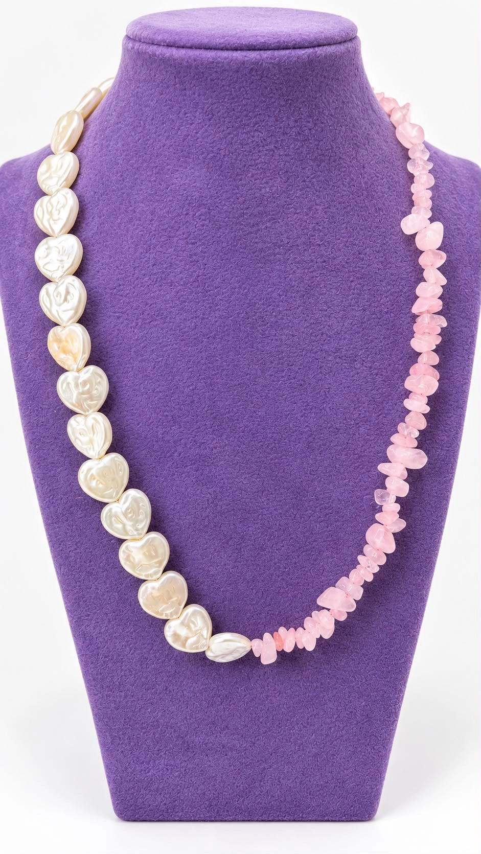 Pembe Kuvars Taşlı Kalp Model İncili Asimetrik Kadın Kolye