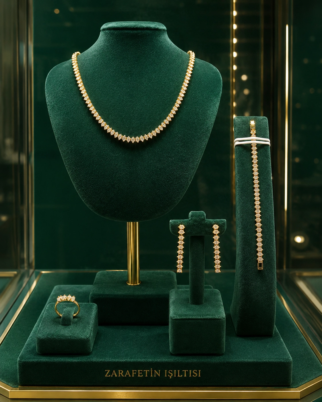 Premium Zirkon Taşlı Gold Takı Seti | Kolye Küpe Bileklik Yüzük | Kararmaya Dayanıklı | Ayarlanabilir Yüzük | Hediye Kutulu
