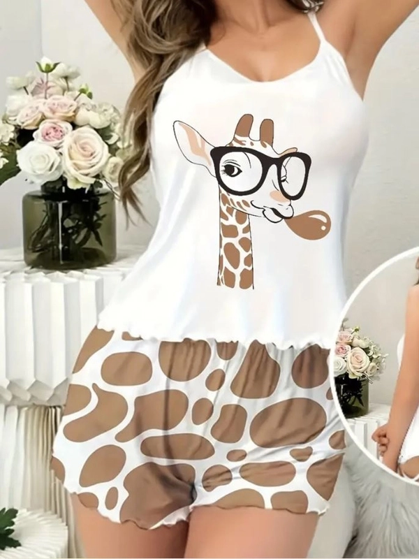 Zürafa Baskılı Askılı Şortlu Pijama Takımı